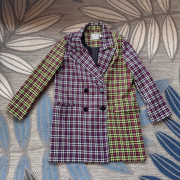 ASOS Jackets & Blazers - ASOS Women’s Neon Pink/Yellow Plaid Checkered Trench Double Breasted Blazer Sz 4